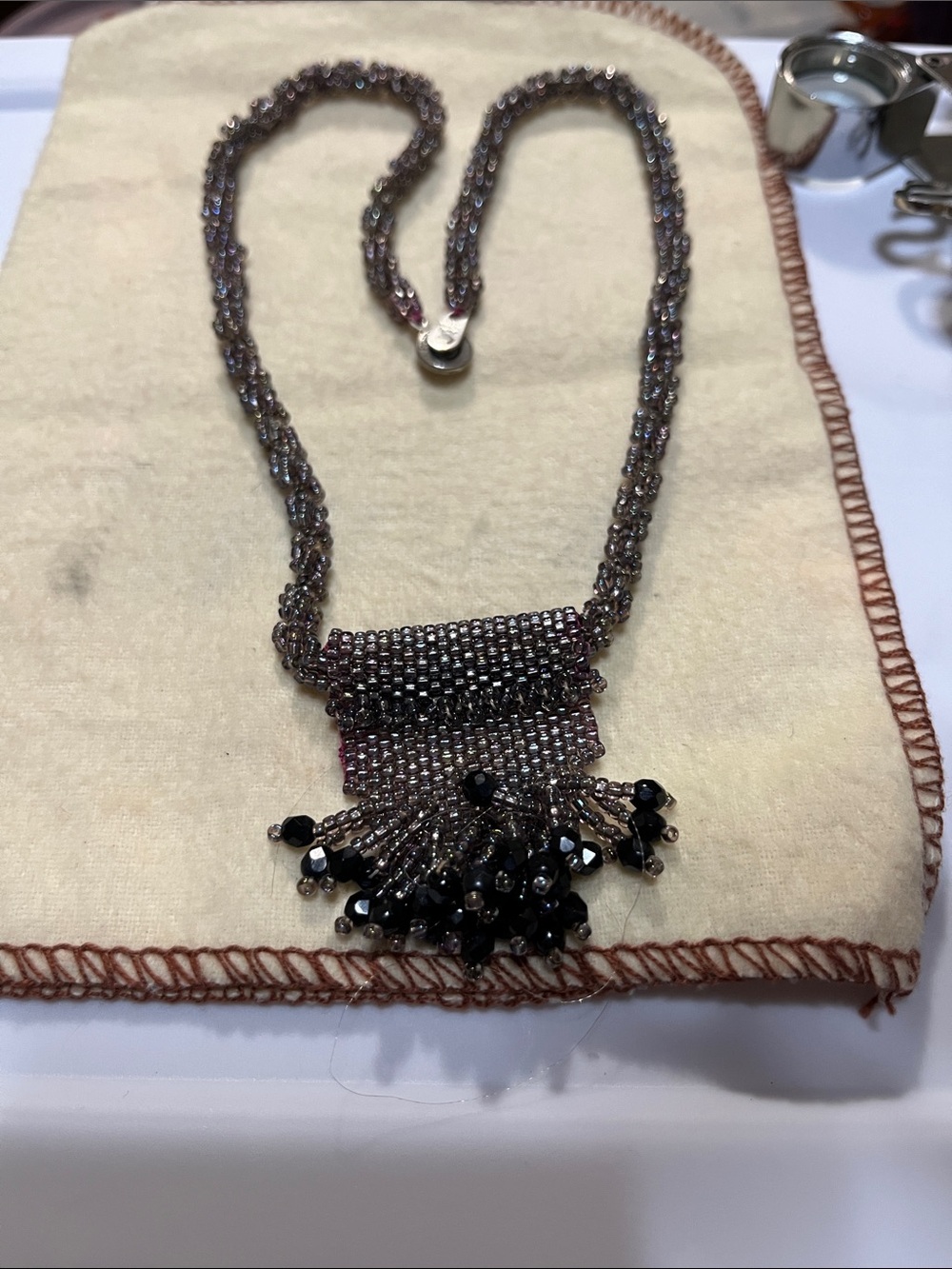 Ralph Lauren Double RL Gunmetal Beaded Fringe Necklace with Black Bead Tassels